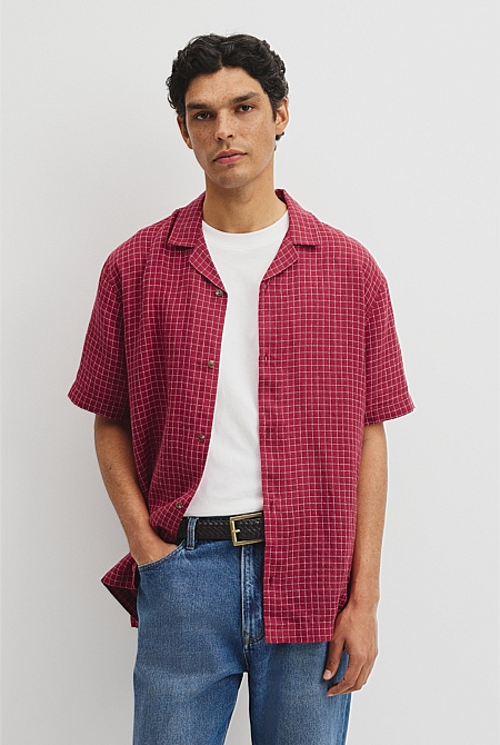 Relaxed Fit Short Sleeve Linen Blend Check Shirt