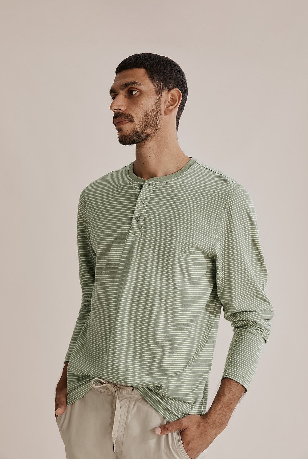 Long Sleeve Stripe Cotton Linen Henley