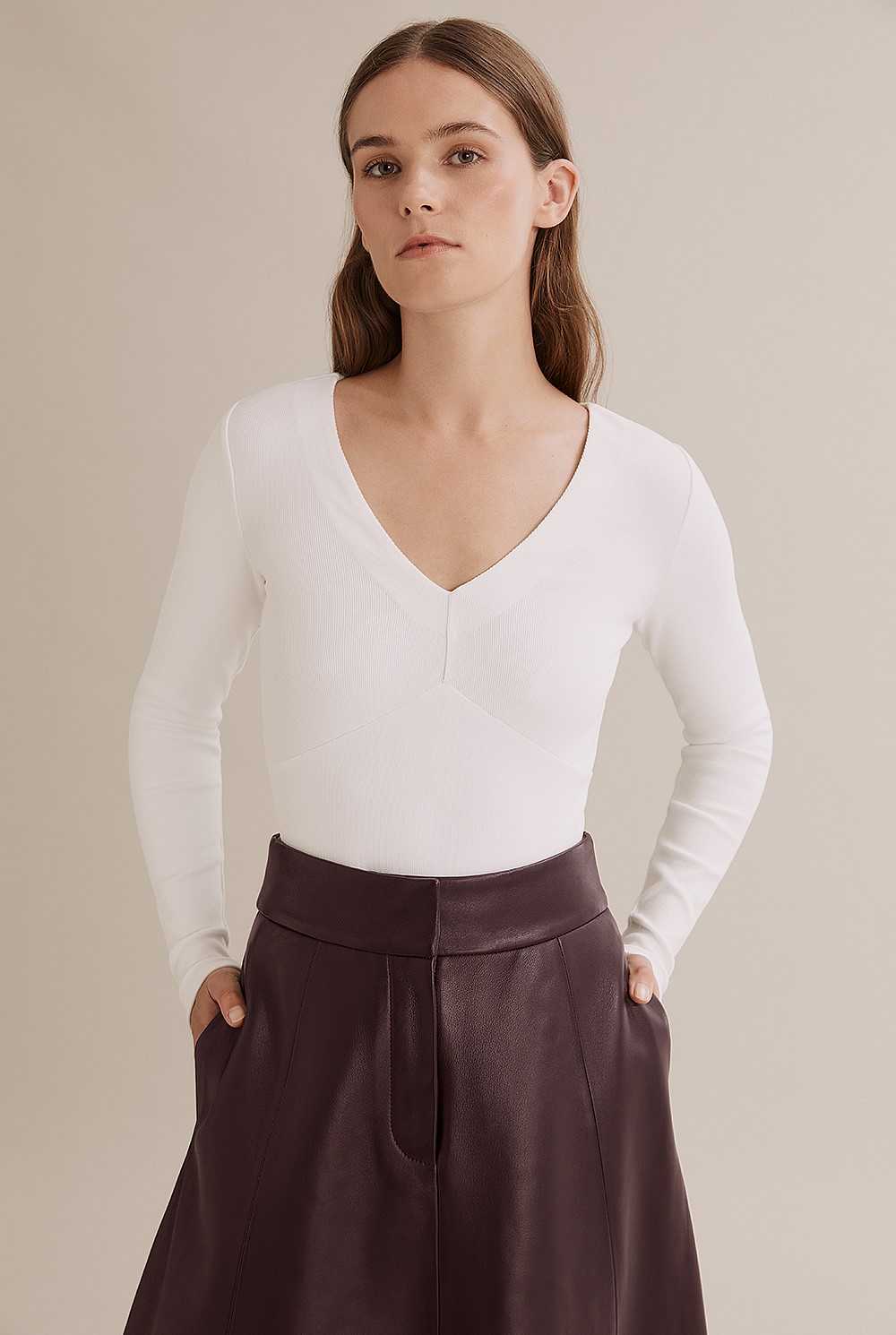 Deep V-Neck Rib Long Sleeve Top
