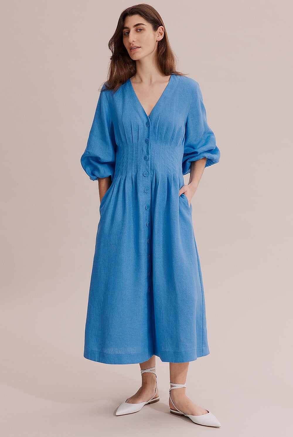 Linen Dart Front Midi Dress
