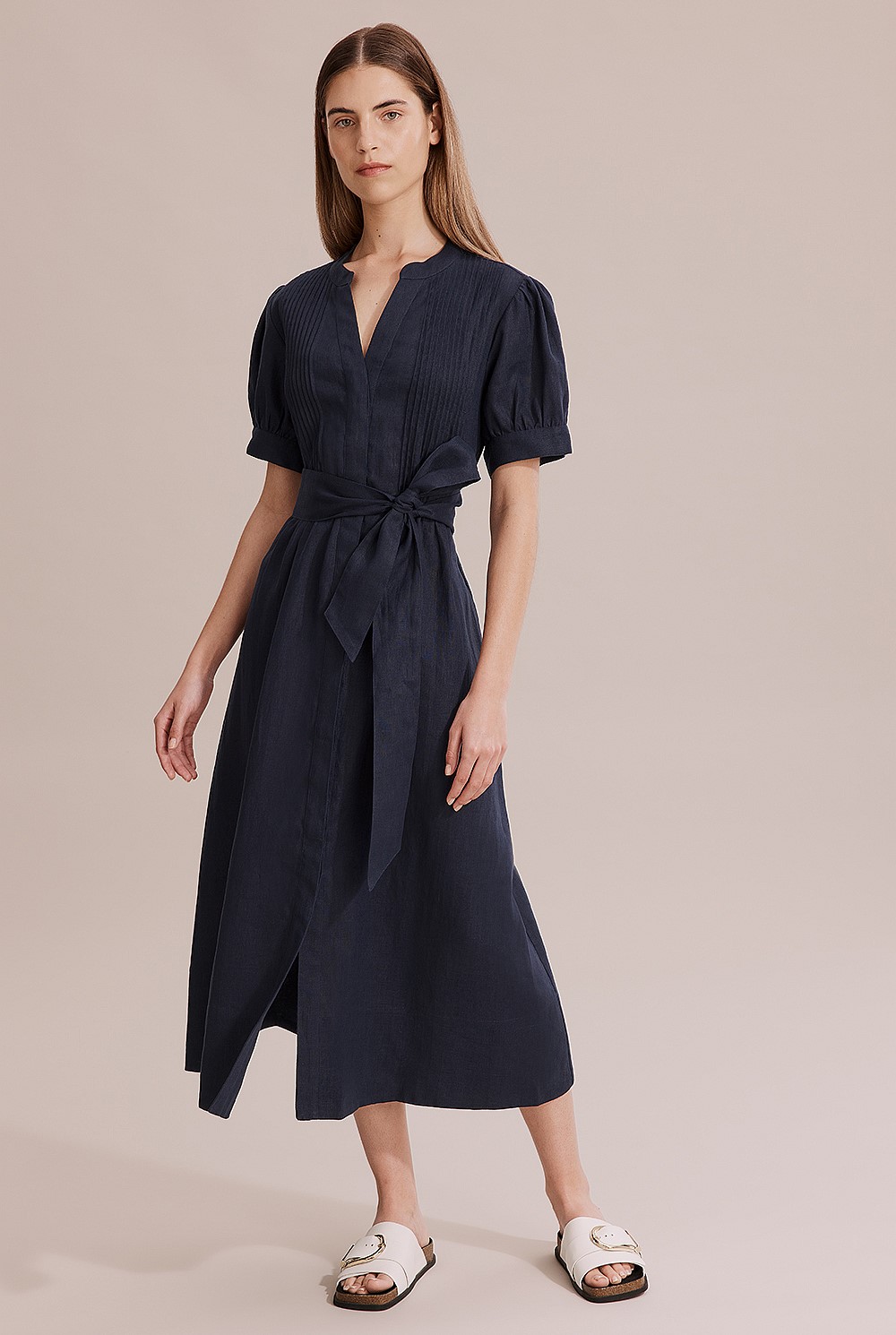 Organically Grown Linen Pin Tuck Midi Dress
