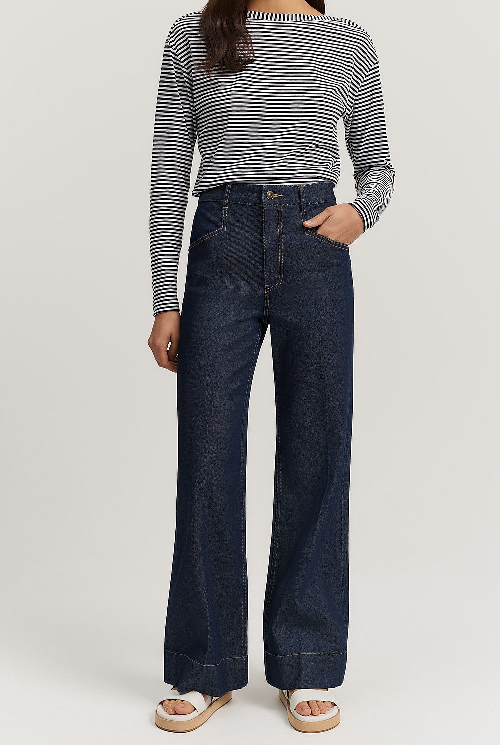 Cotton Blend High Rise Wide Leg Jean