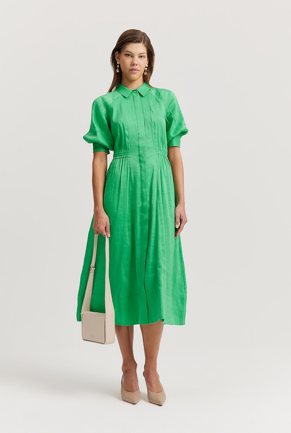 Organically Grown Linen Blend Fluid Cinched Shirt Dress