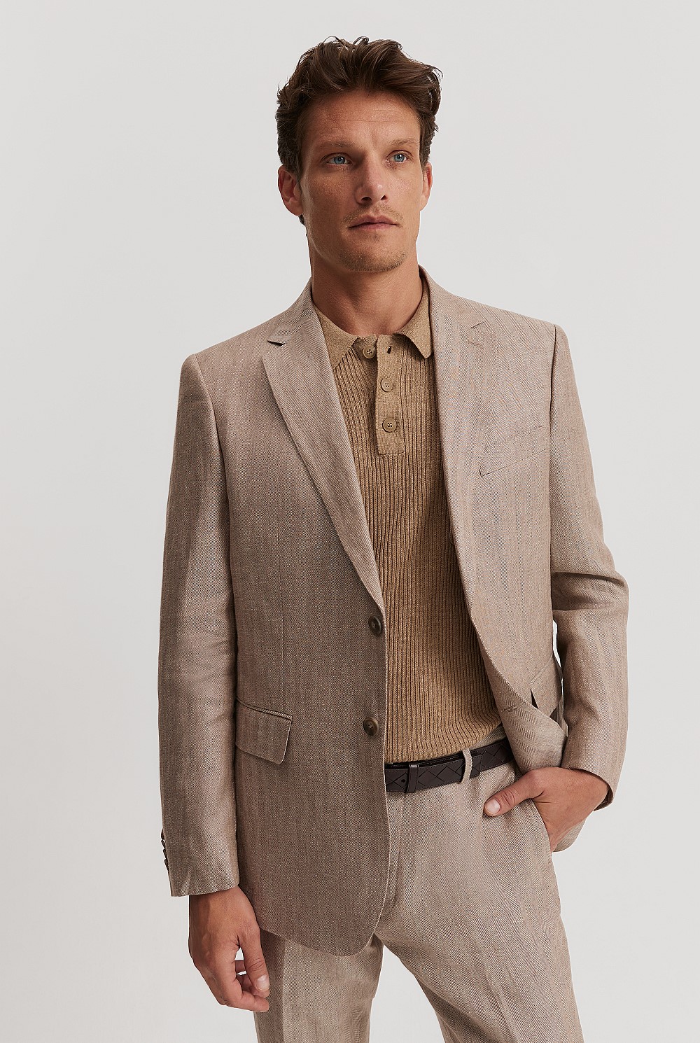 Regular Fit Half Lined Linen Herringbone Jacket