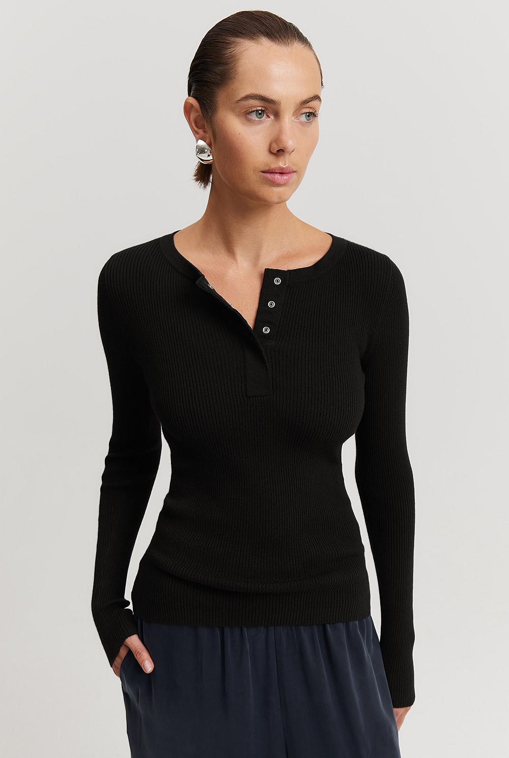 Cotton Cashmere Rib Knit Henley