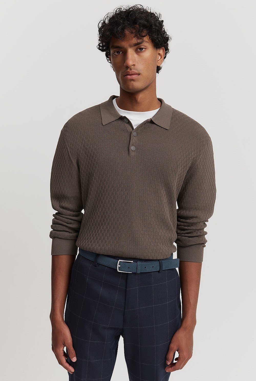 Cotton Silk Textured Long Sleeve Polo