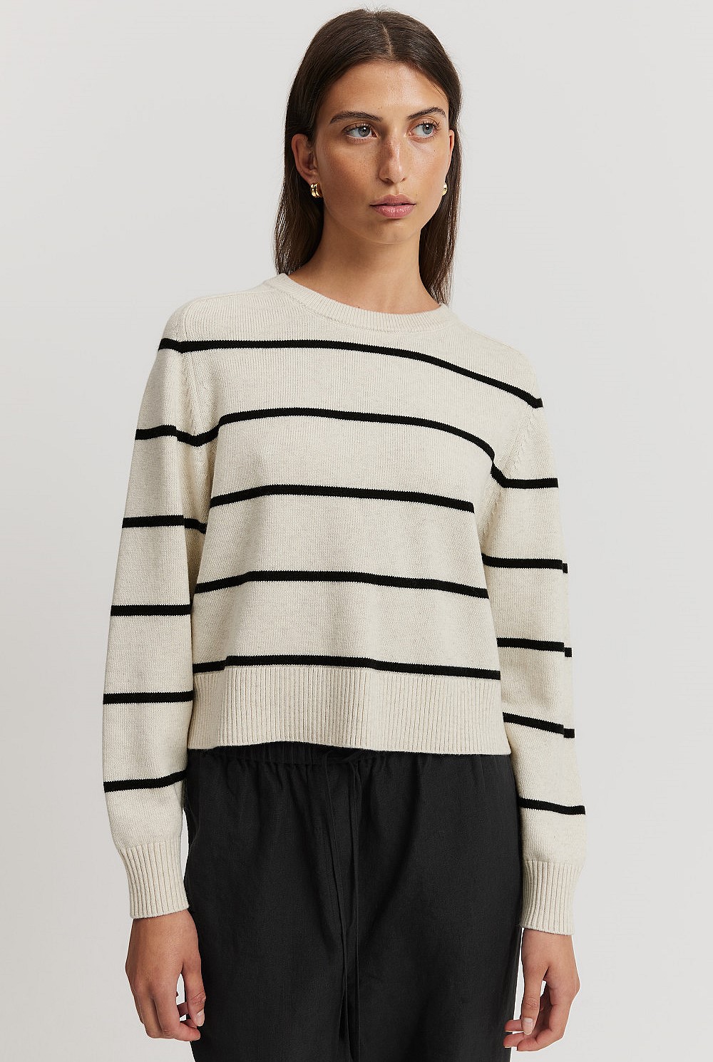 Organically Grown Cotton Blend Stripe Crop Crew Neck Knit