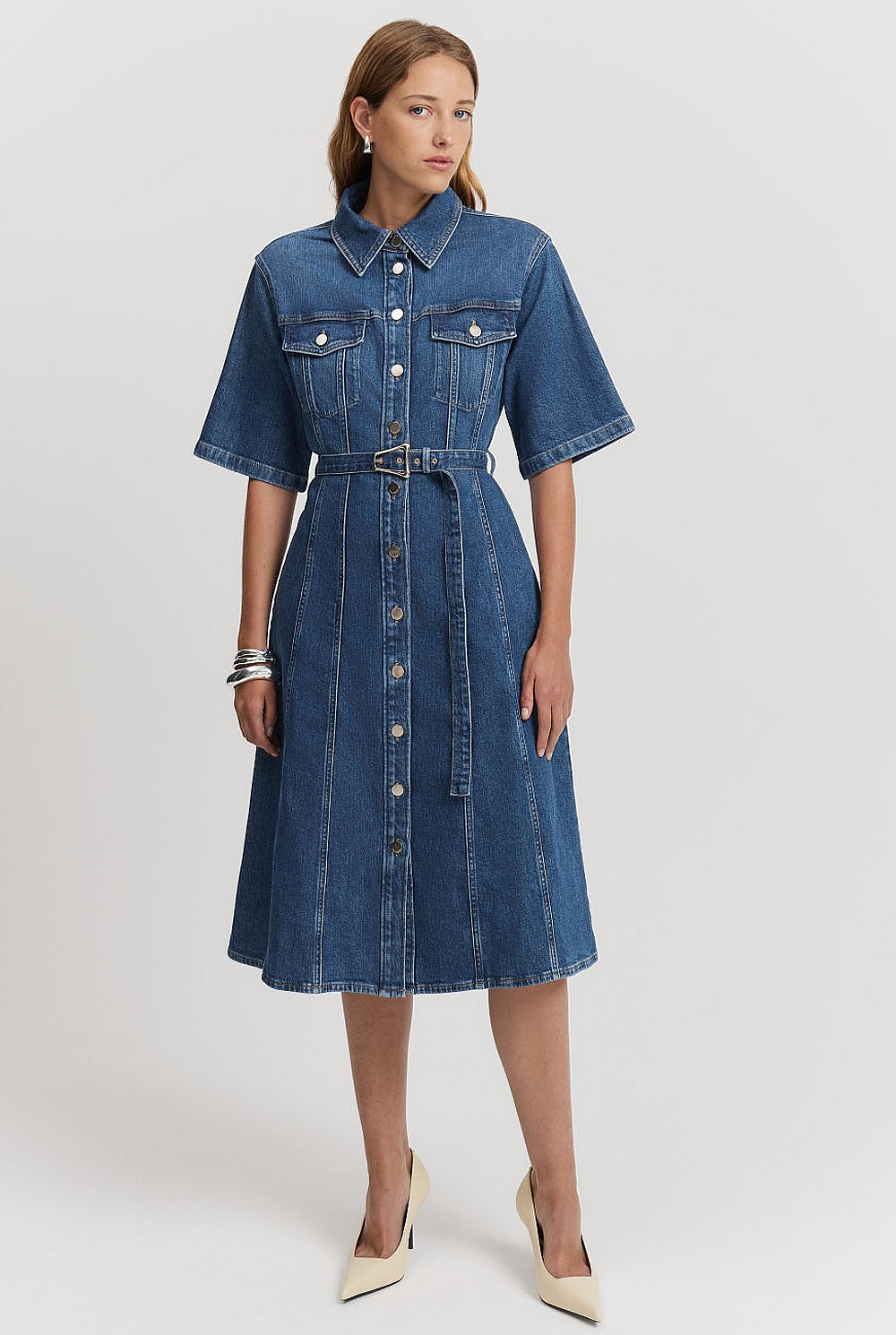 Short Sleeve Denim Midi Dress