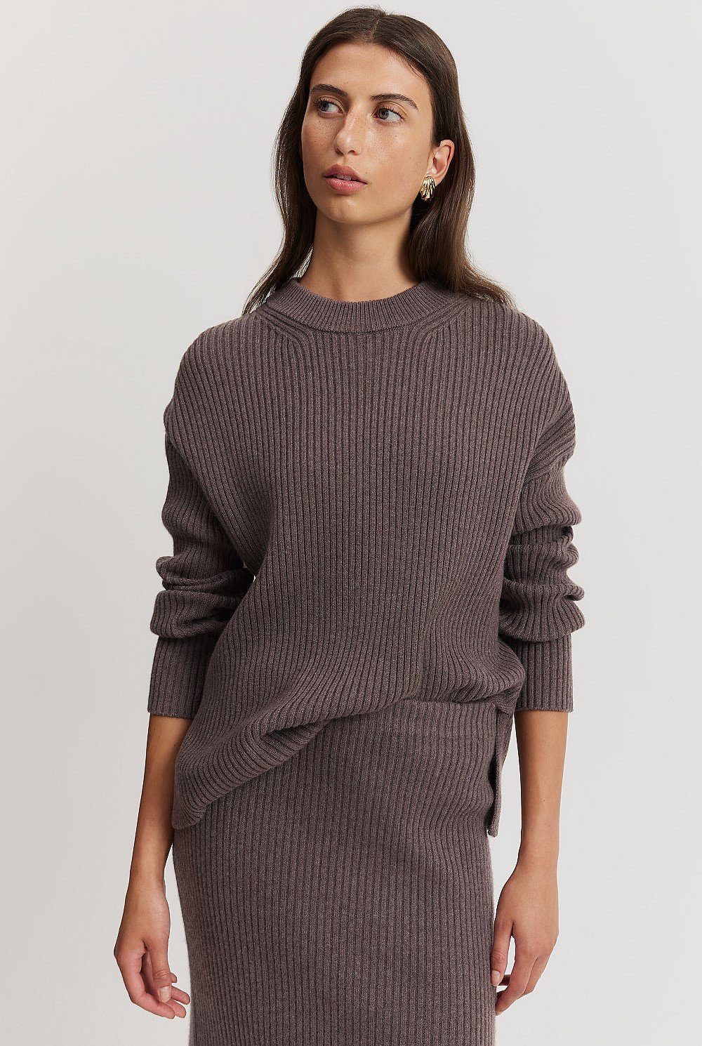 Organically Grown Cotton Cashmere Blend Crew Neck Rib Knit