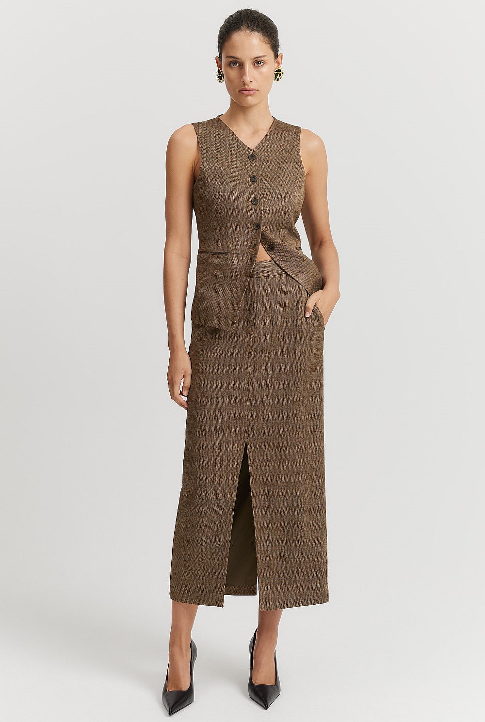 Herringbone Front Split Midi Skirt