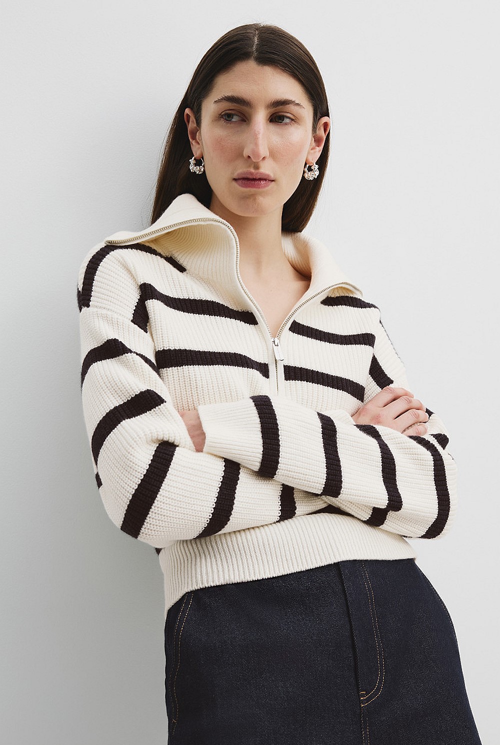 Cotton Blend Stripe Zip Neck Rib Knit