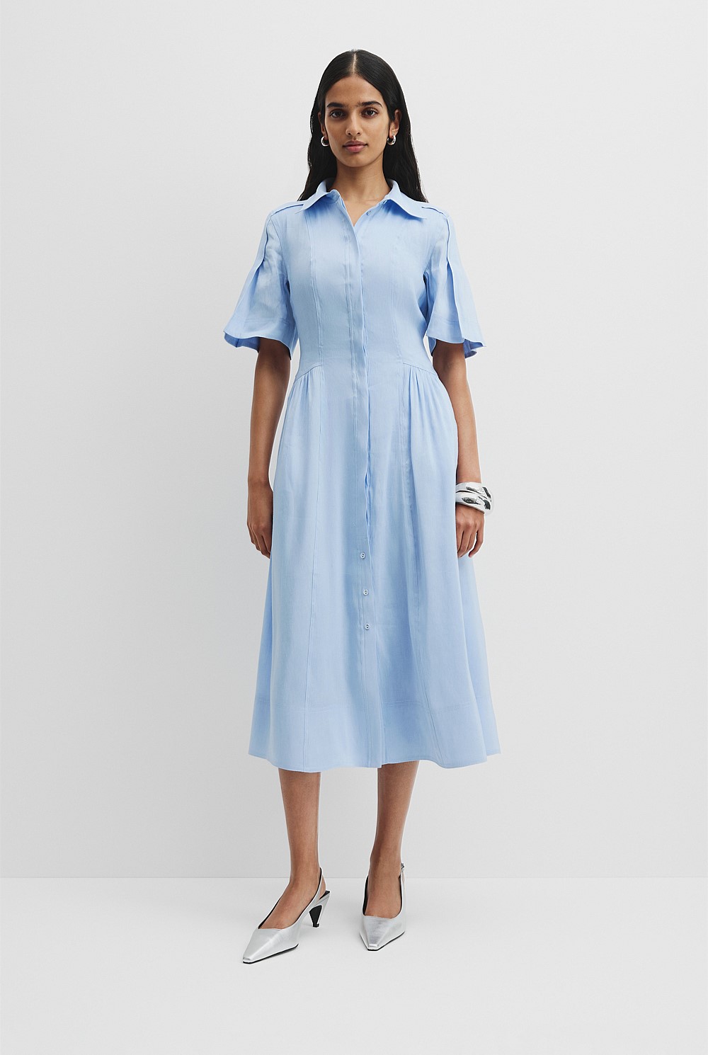 Linen Blend Cinched Shirt Dress