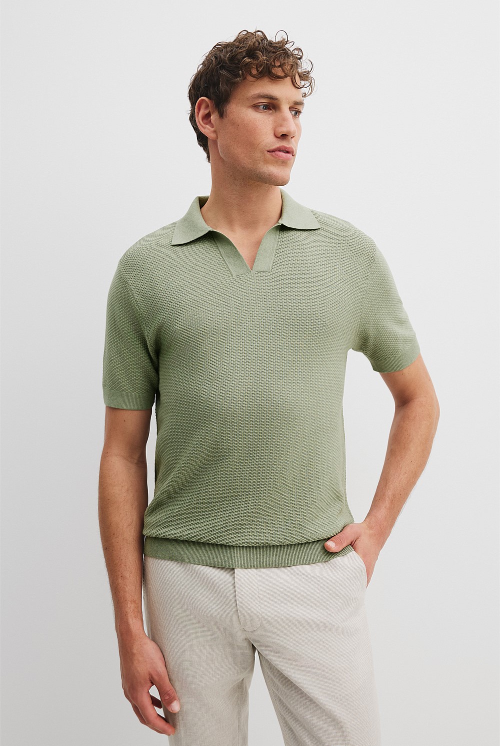 Cotton Silk Open Neck Knit Polo