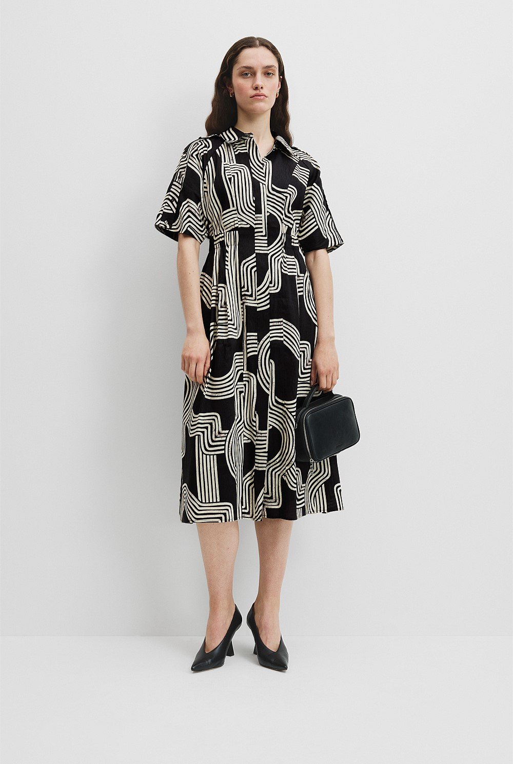 Organically Grown Linen Print Cinched Shirt Dress