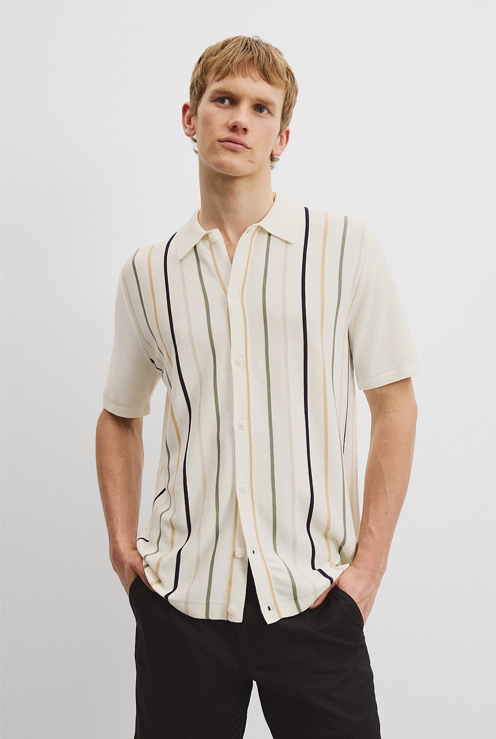 Cotton Silk Multi Stripe Stretch Knit Shirt