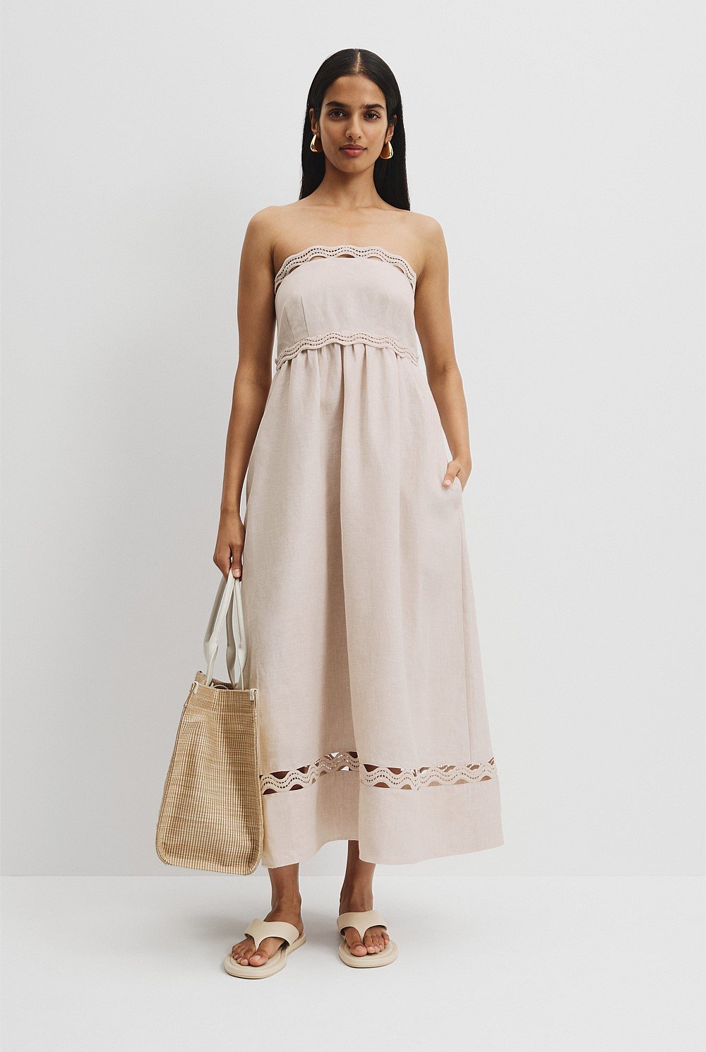 Organically Grown Linen Scallop Trim Midi Dress