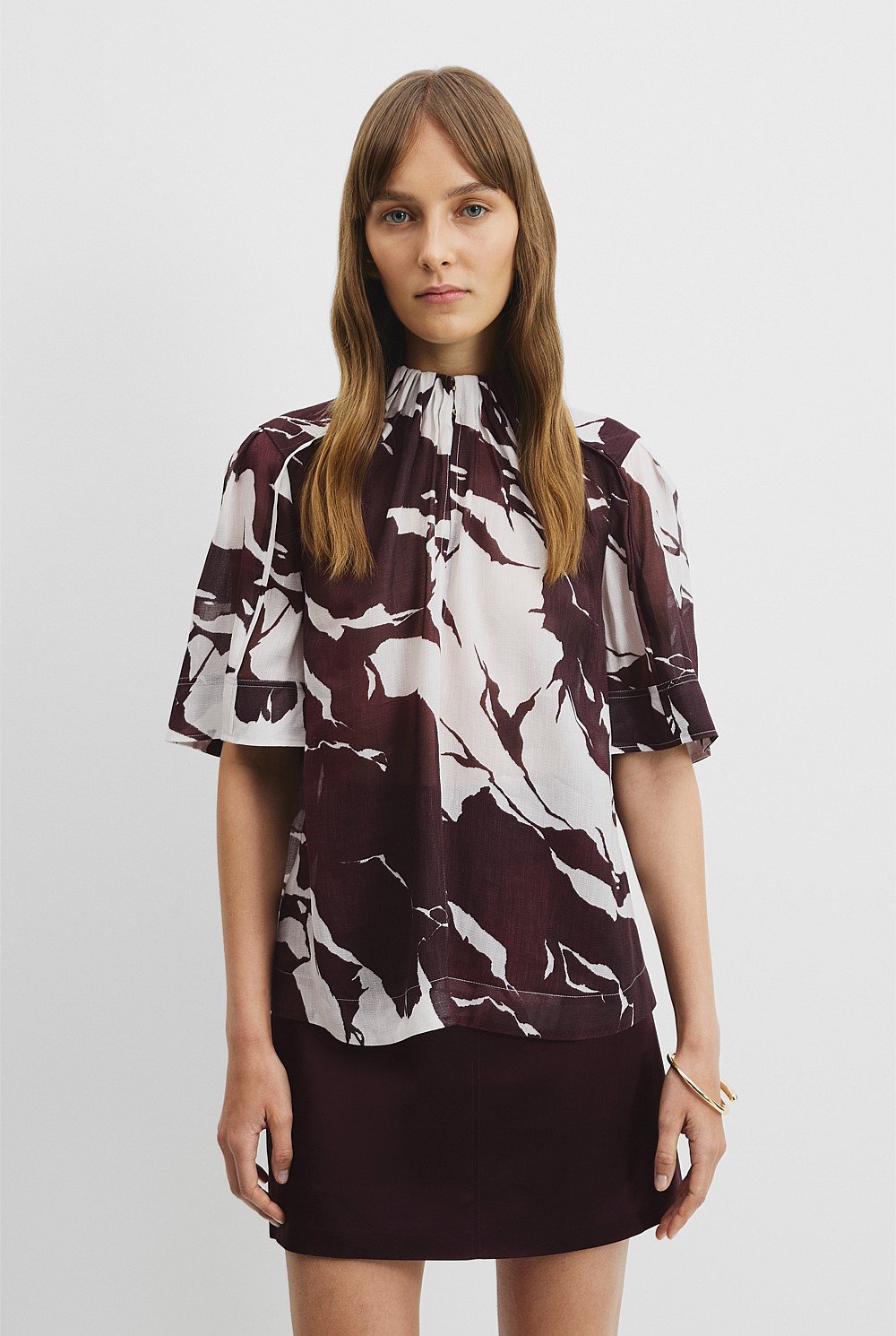 Print Gathered Short Sleeve Blouse