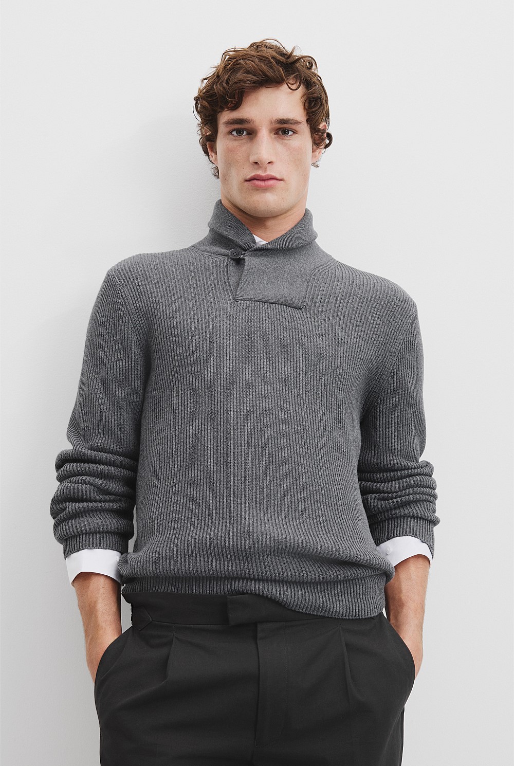 Australian Cotton Blend Wool Shawl Neck Knit