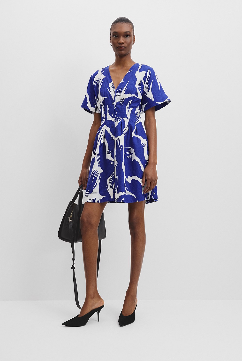 Organically Grown Linen Print Tuck Detail Mini Dress