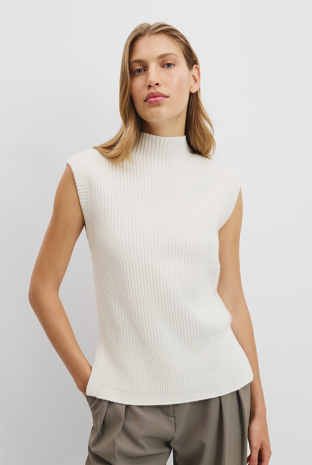 Organically Grown Cotton Blend Roll Neck Knit Vest
