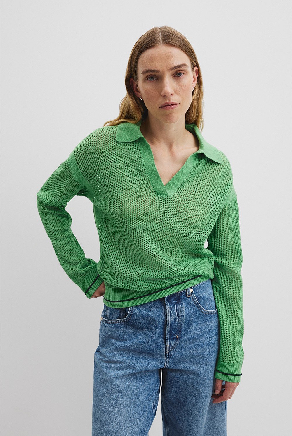 Organically Grown Cotton Mesh Long Sleeve Polo Knit