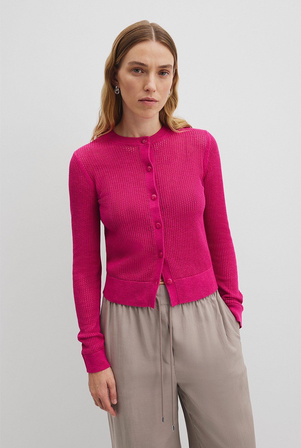Organically Grown Cotton Linen Open Mesh Knit Cardigan
