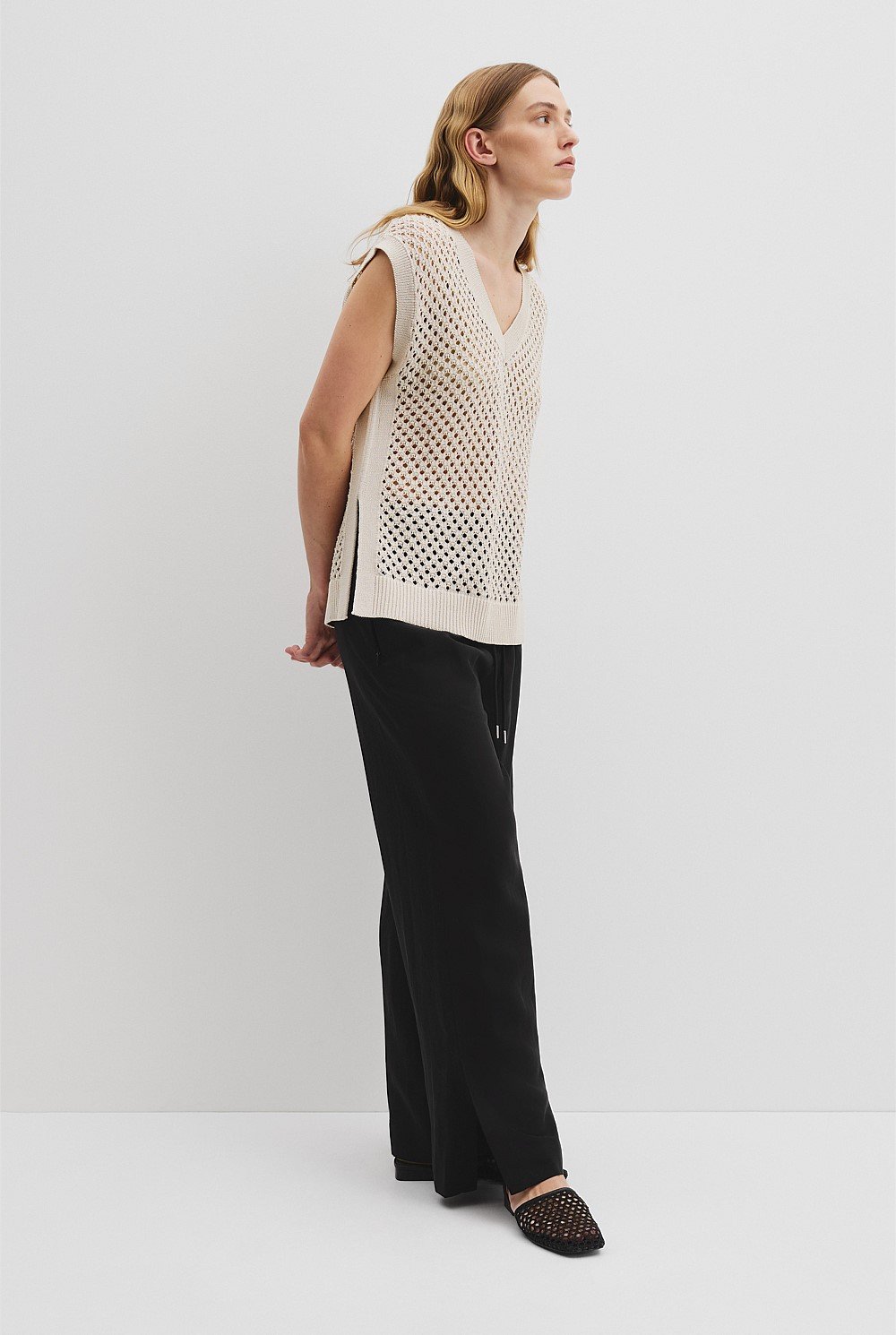 Organically Grown Cotton Linen Open Mesh Knit T-Shirt