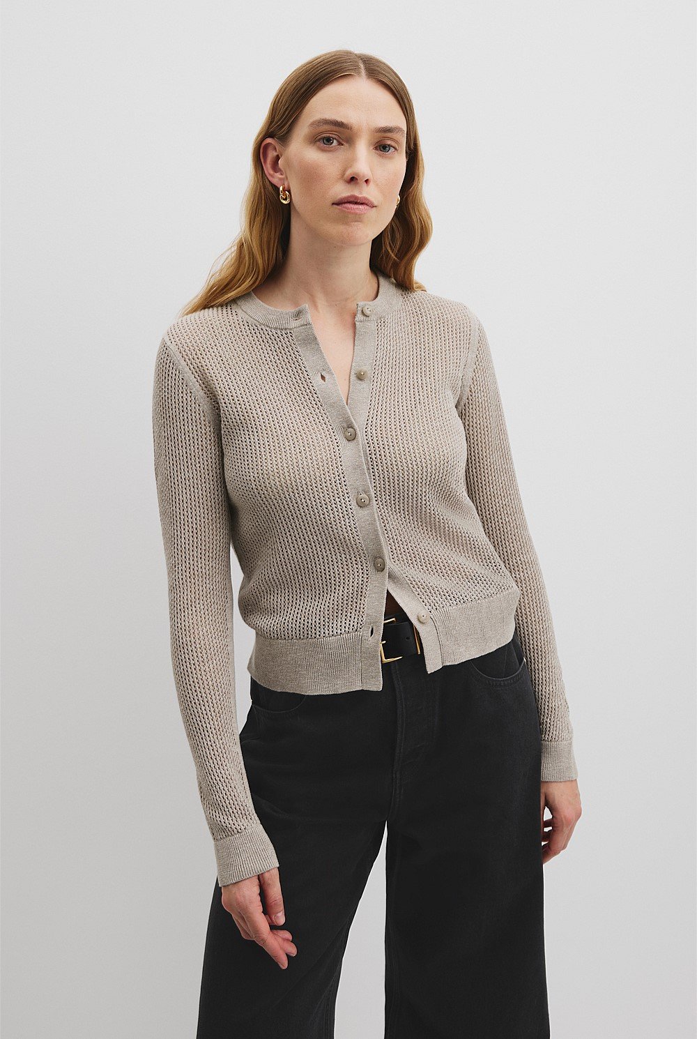 Organically Grown Cotton Linen Open Mesh Knit Cardigan