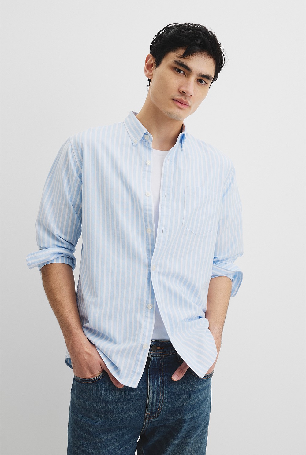 Long Sleeve Regular Fit Australian Good Earth Cotton Stripe Oxford Shirt