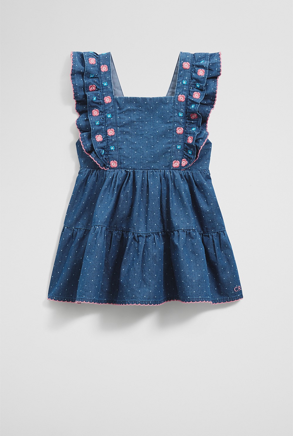 Organically Grown Cotton Chambray Frill Embroidered Dress