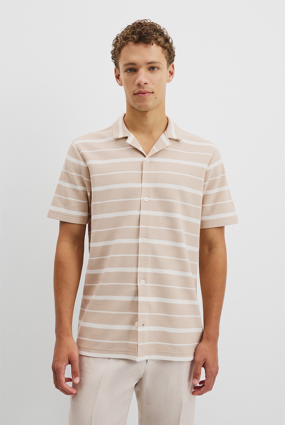 Textured Short Sleeve Cuban Stripe Shirt