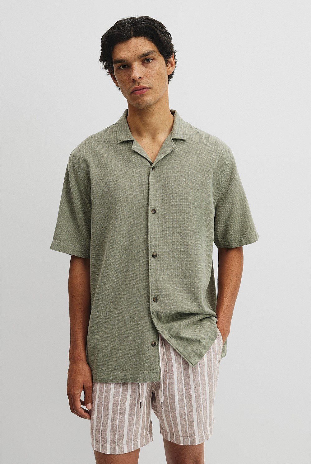 Short Sleeve Cotton Linen Basket Weave Shirt