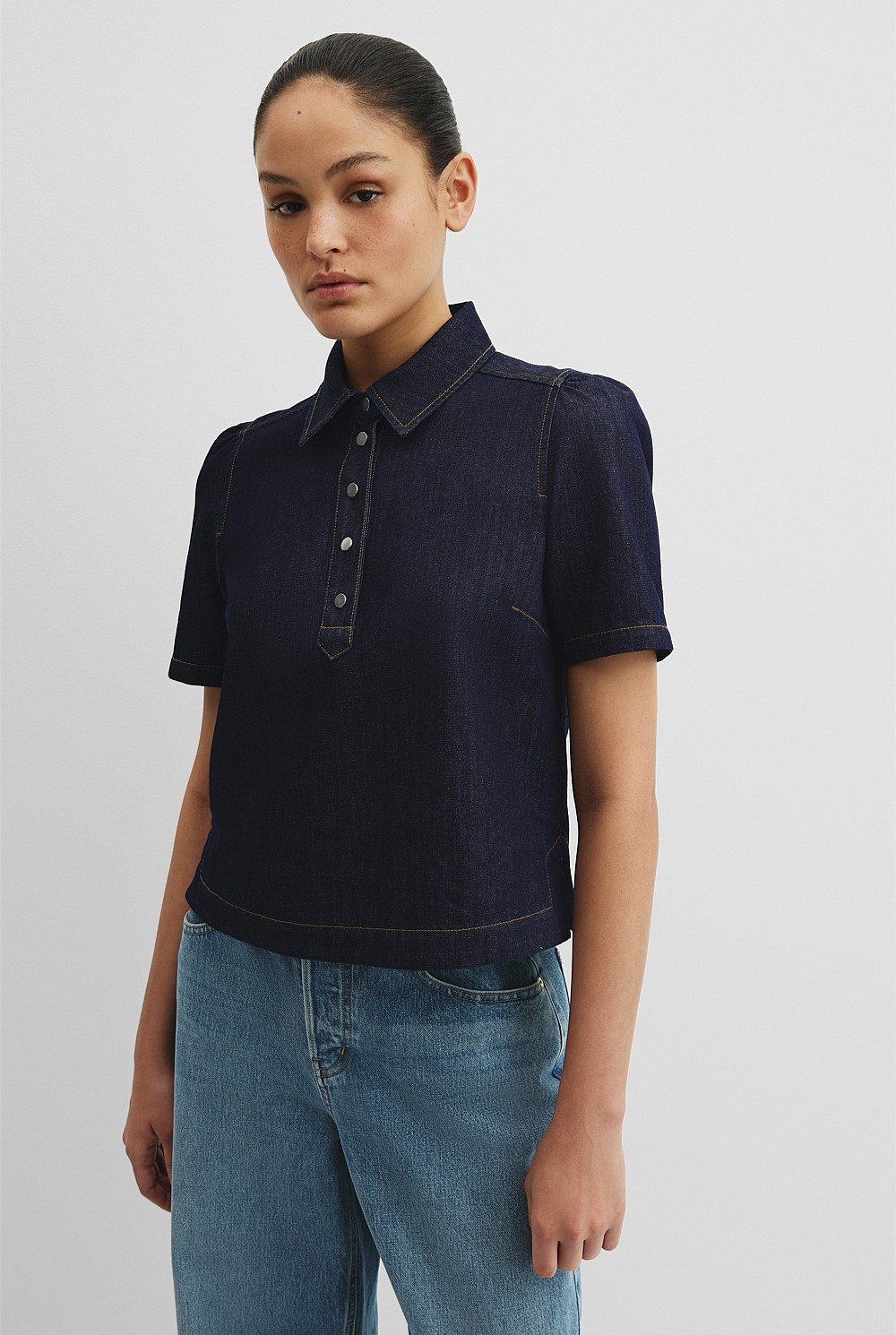 Half Placket Denim Top