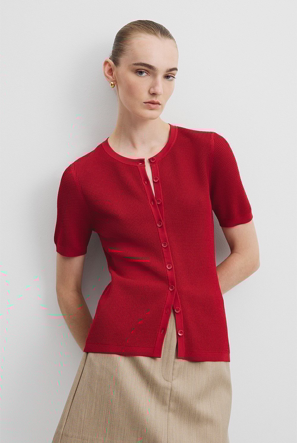 Waffle Short Sleeve Button Knit