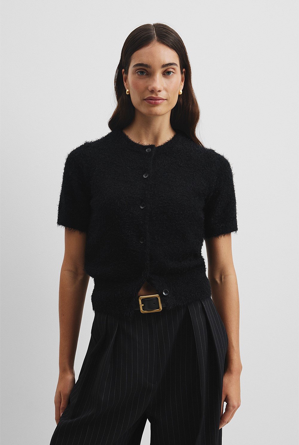 Button Fluffy Knit T-Shirt