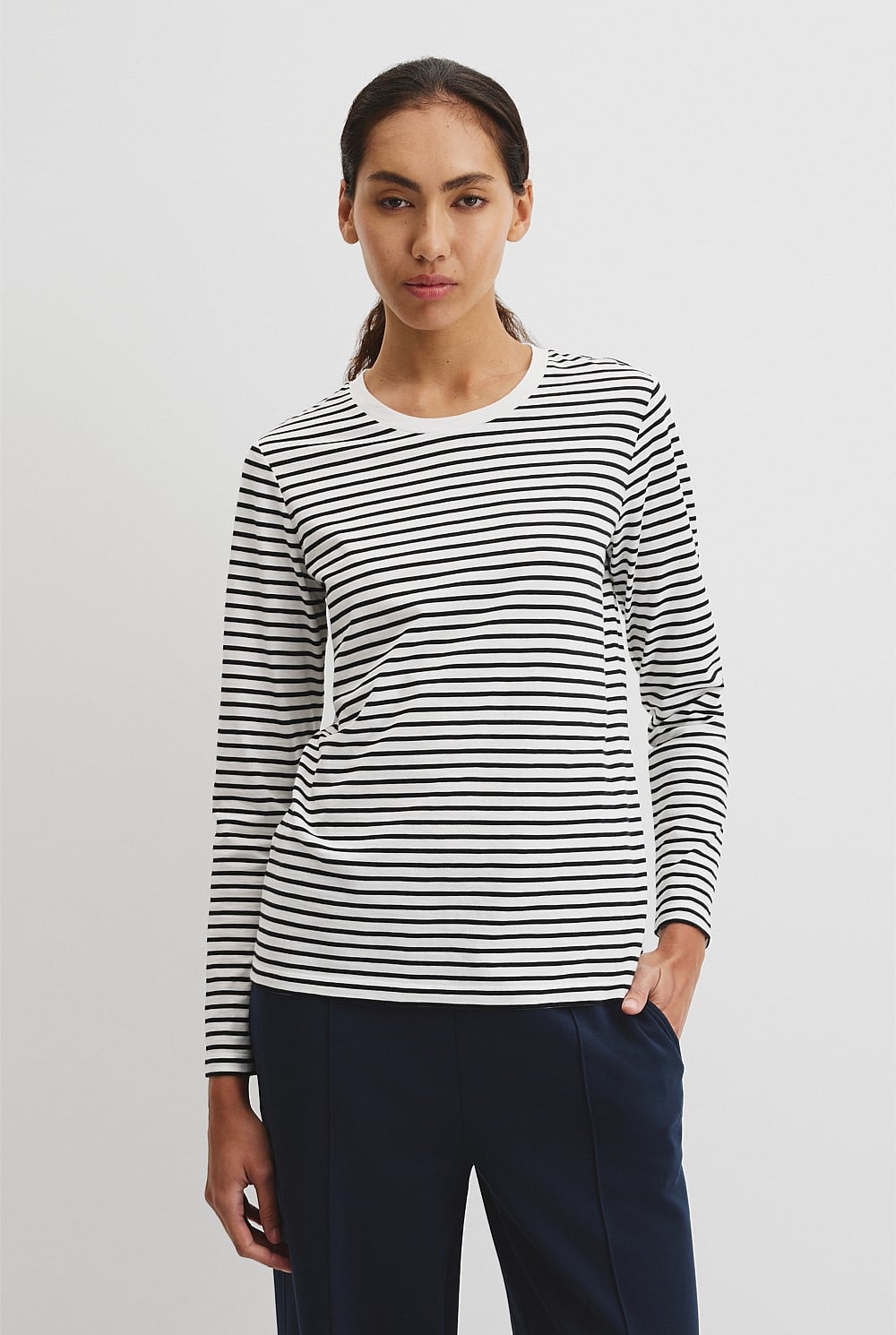Australian Good Earth Cotton Stripe Textured Slub Long Sleeve T-Shirt