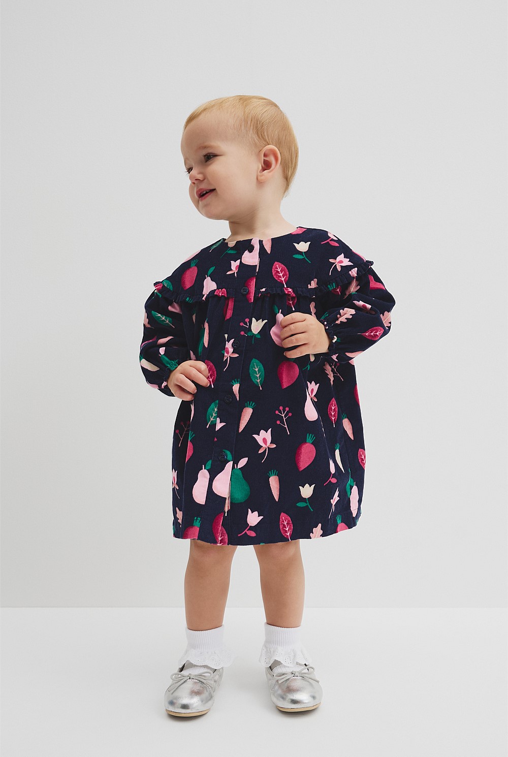 Fruit Frill Long Sleeve Cord Dress