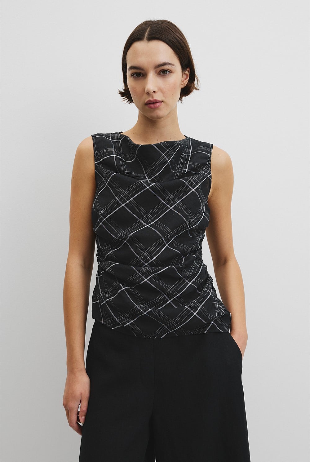 Organically Grown Linen Check Ruched Linen Tank