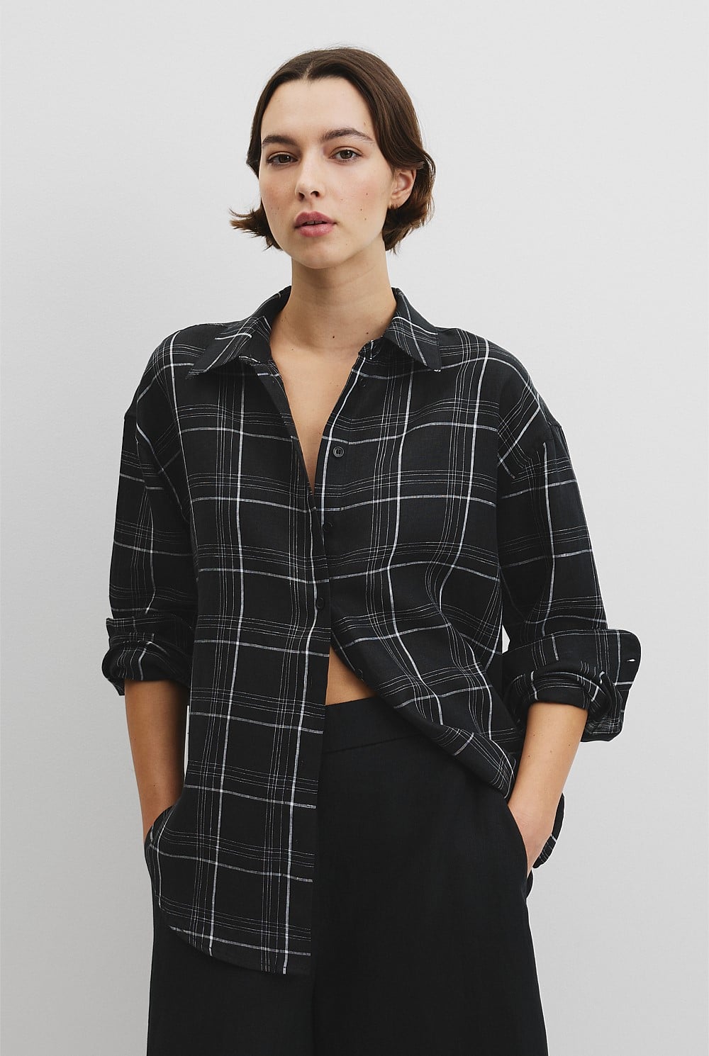 Organically Grown Linen Relaxed Fit Long Sleeve Check Shirt