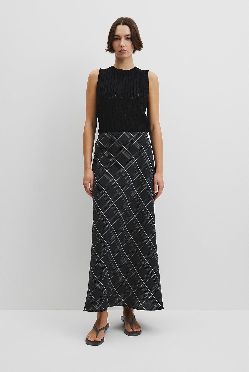 Organically Grown Linen Check Pull-On Midi Skirt