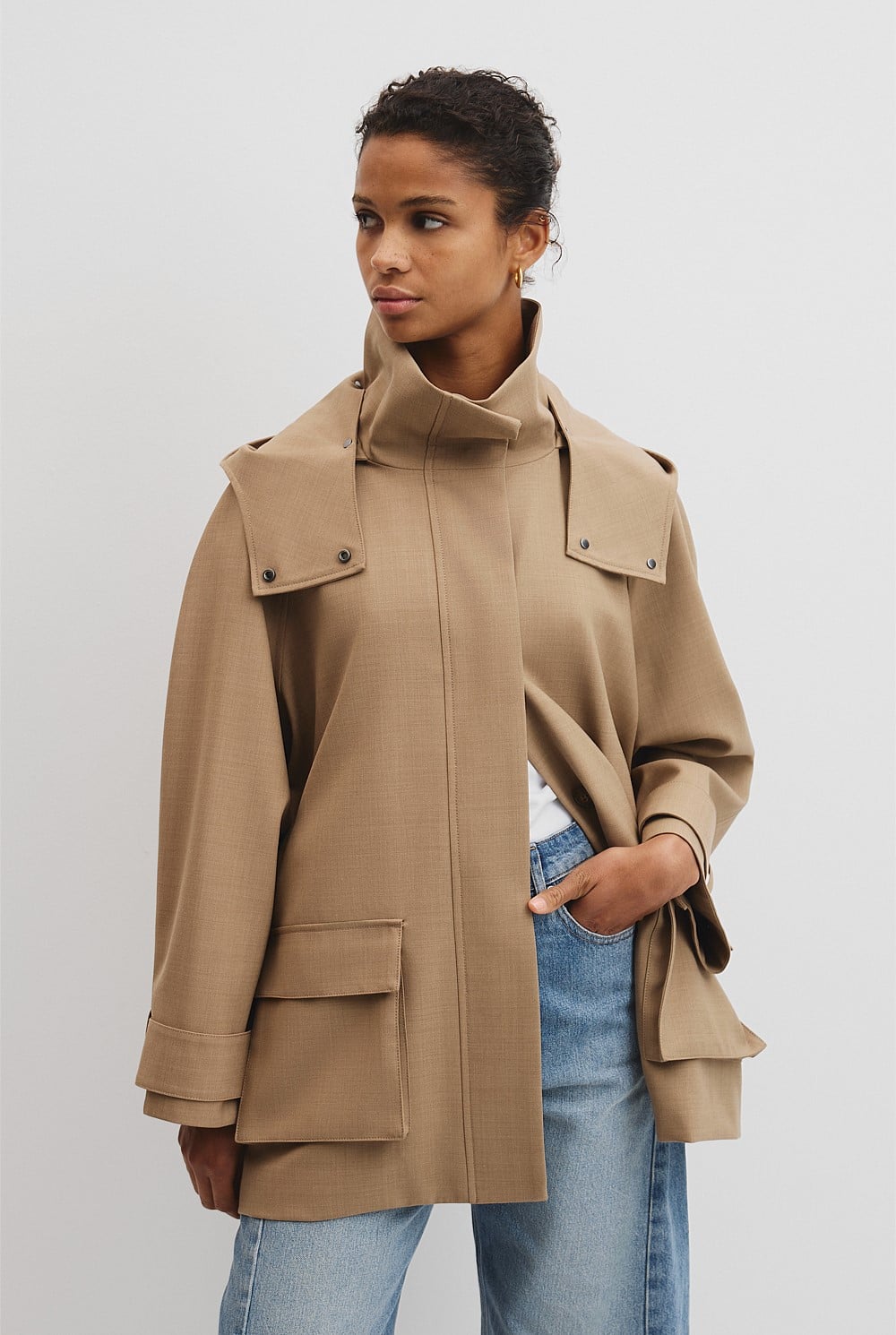 Wool Blend Tailored Funnel Coat