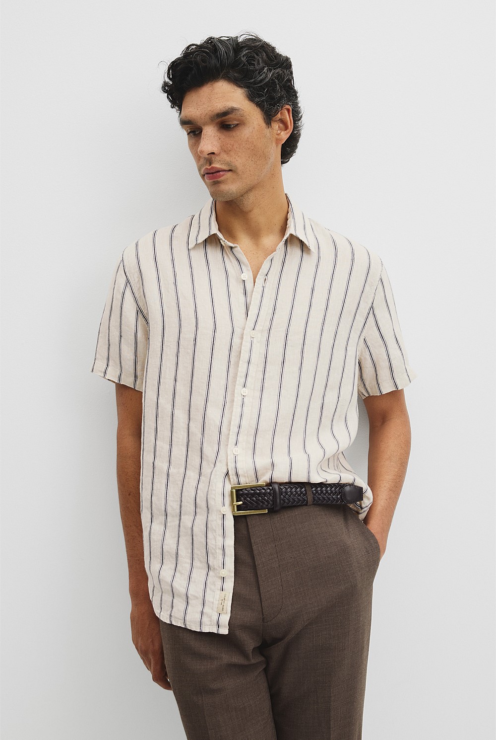 Short Sleeve Regular Fit Linen Stripe Shirt