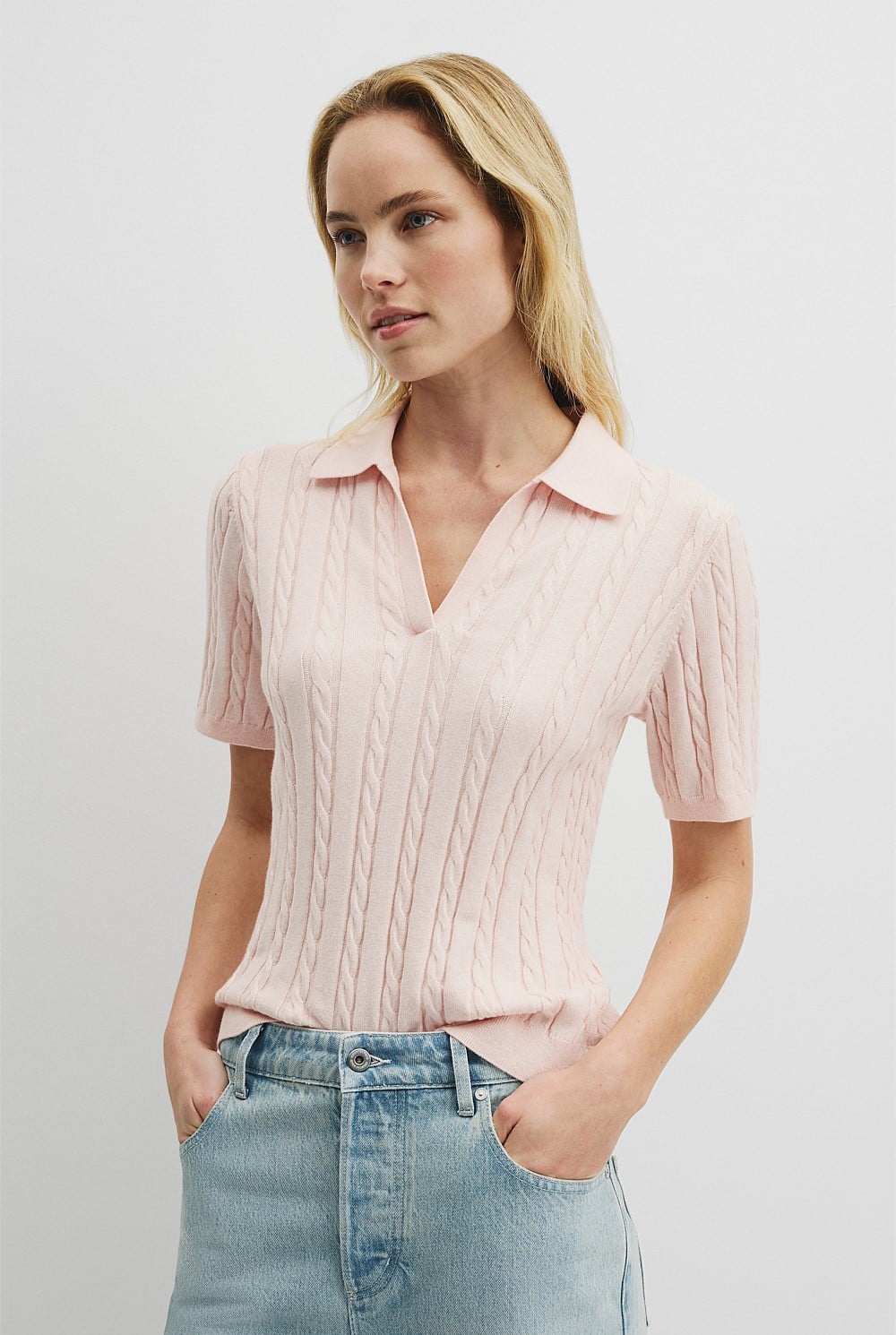 Organically Grown Cotton Blend Cable Polo Knit