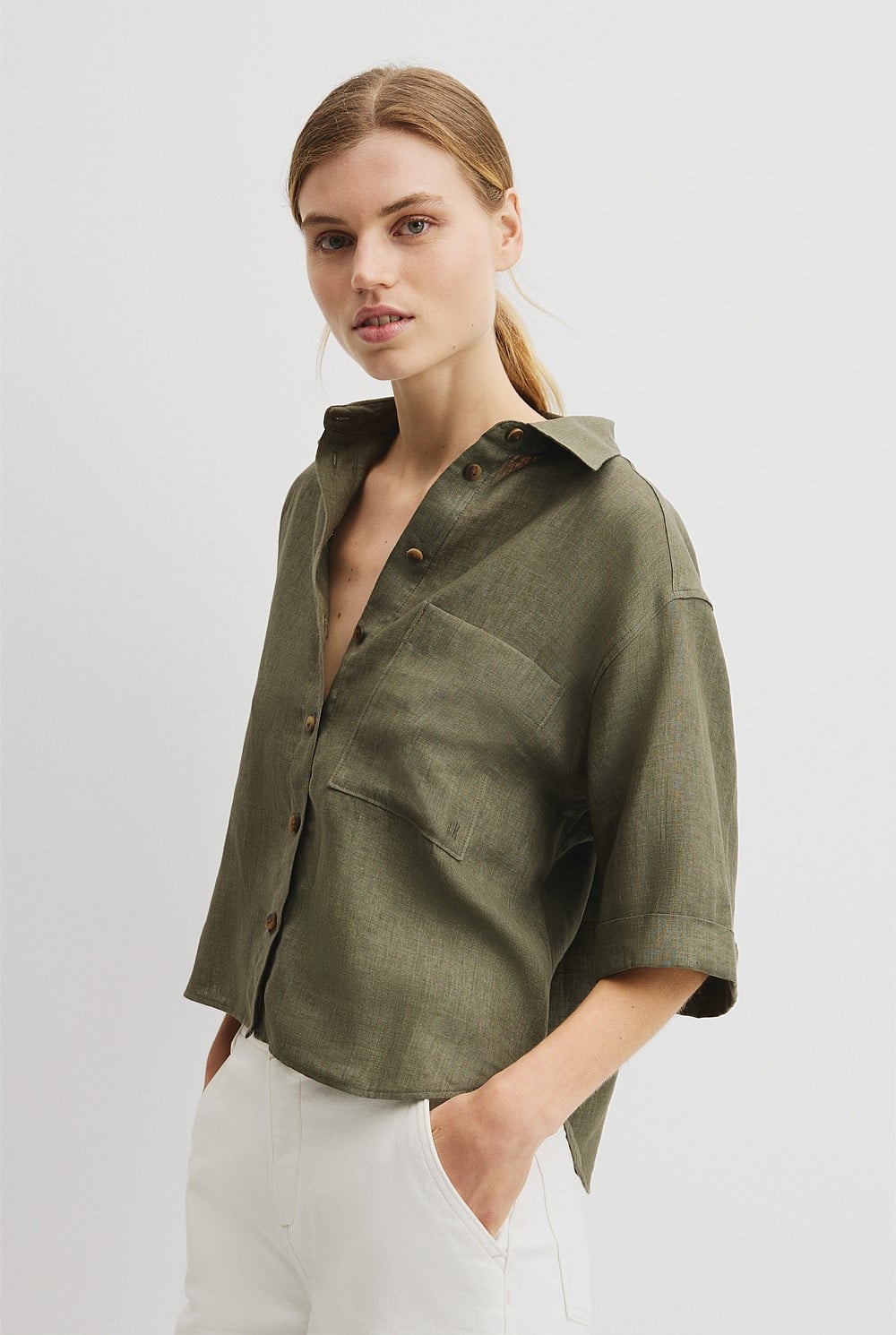 Short Sleeve Crop Linen Shirt