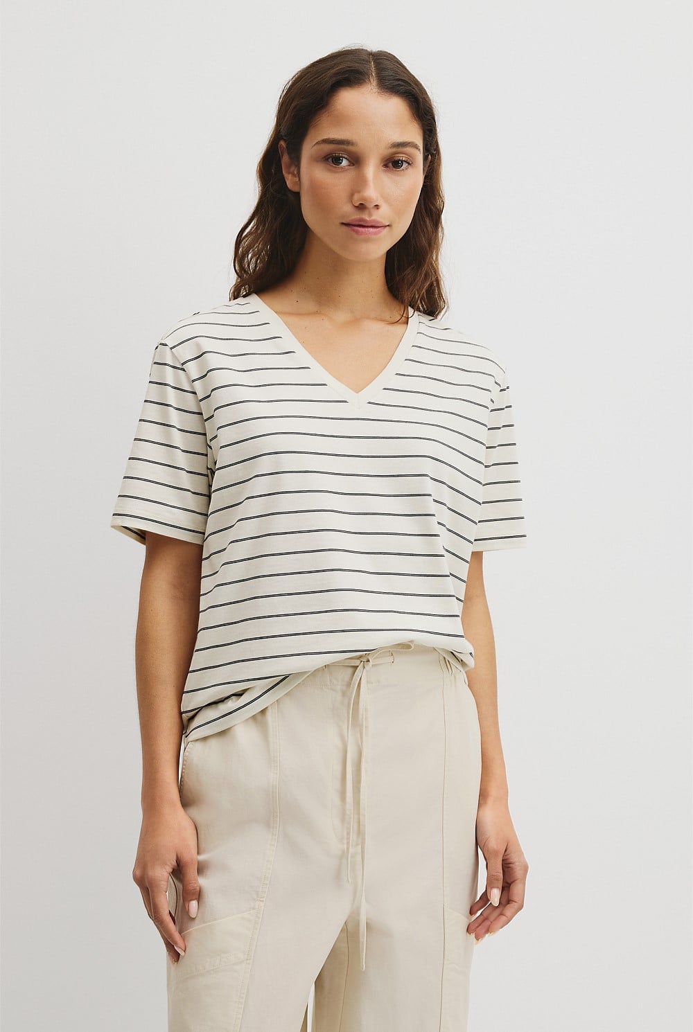 Australian Cotton Stripe V-Neck Neck T-Shirt