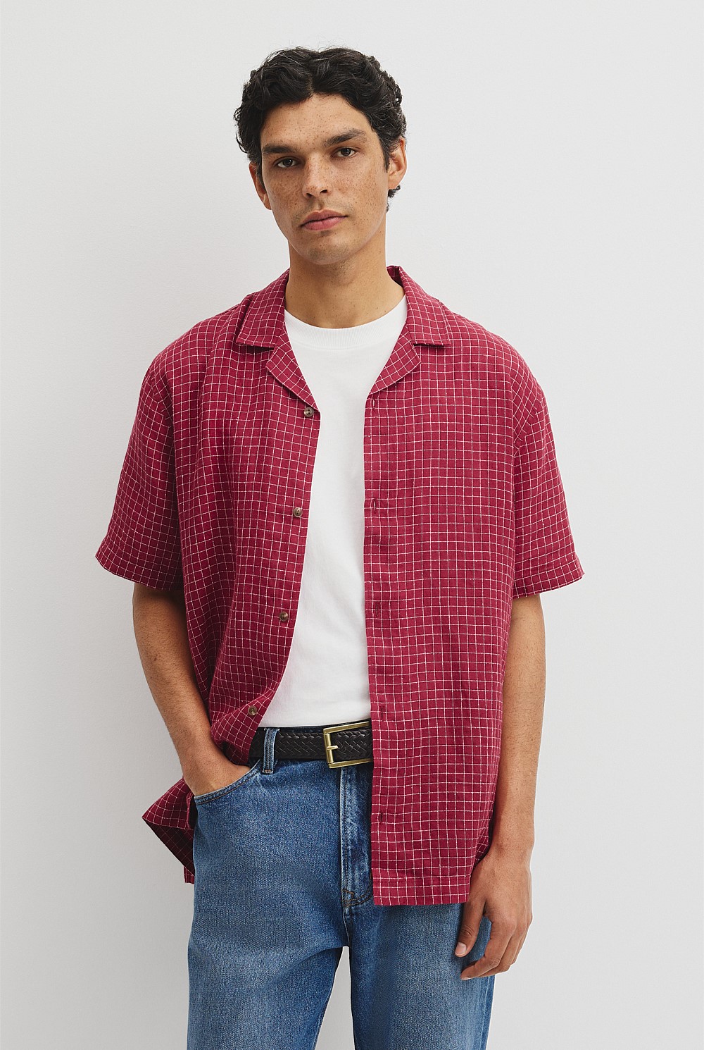 Relaxed Fit Short Sleeve Linen Blend Check Shirt