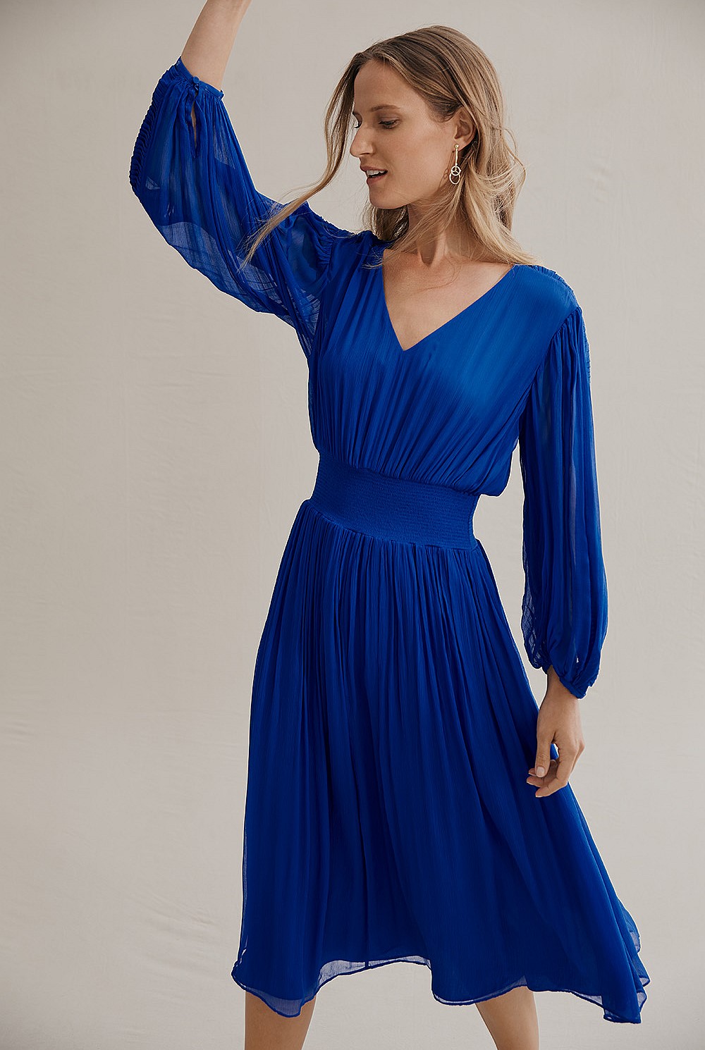 Pleat Sleeve Midi Dress