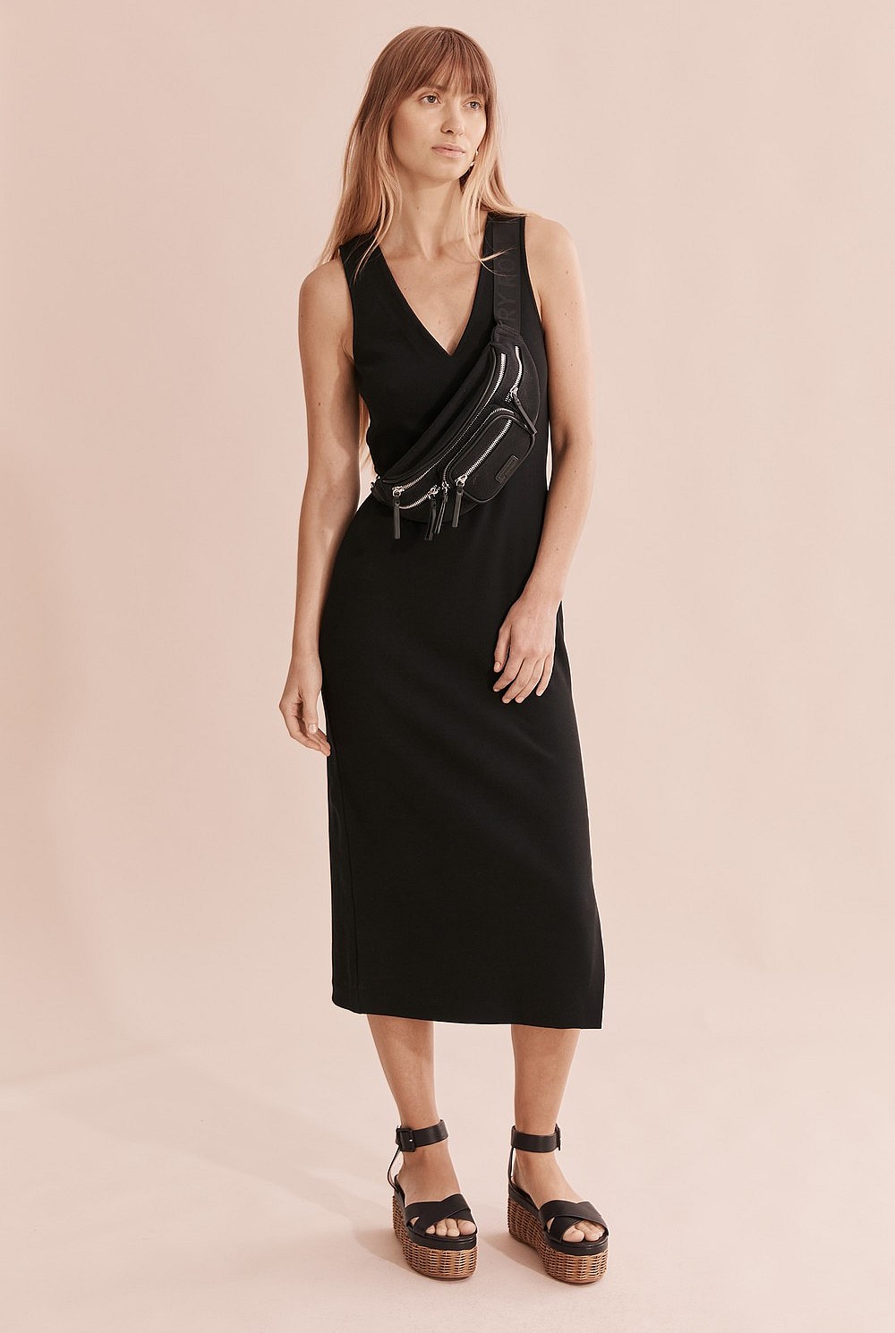 Deep V-Neck Rib Midi Dress
