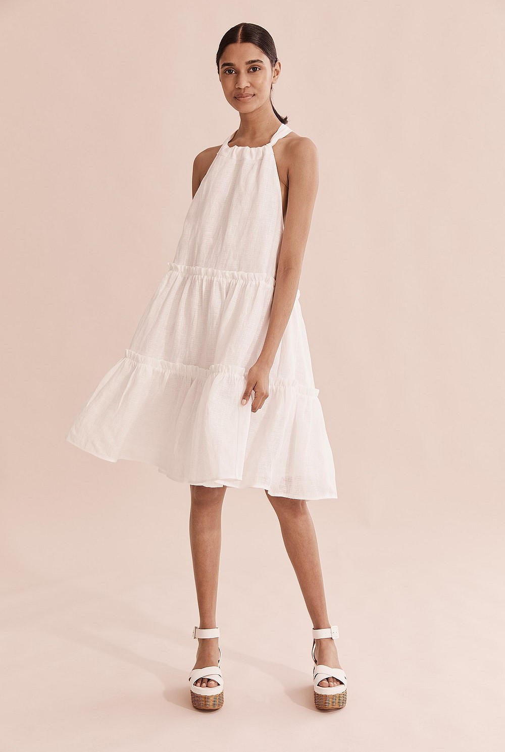Linen Crinkle Tiered Mini Dress