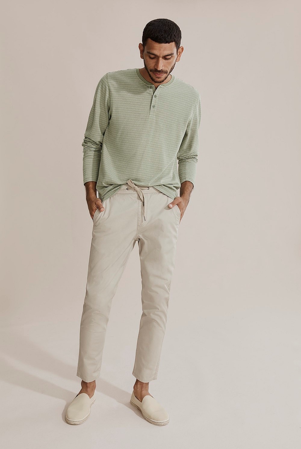Long Sleeve Stripe Cotton Linen Henley